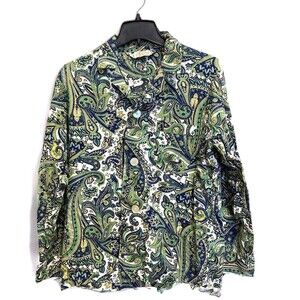 Women's Medium (8) Vintage Weldon Blouse Green Paisley Blue Top Button Front